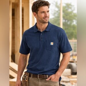 Carhartt Navy Polo Shirt Men’s Large Classic Fit Pocket Logo Workwear VGUC